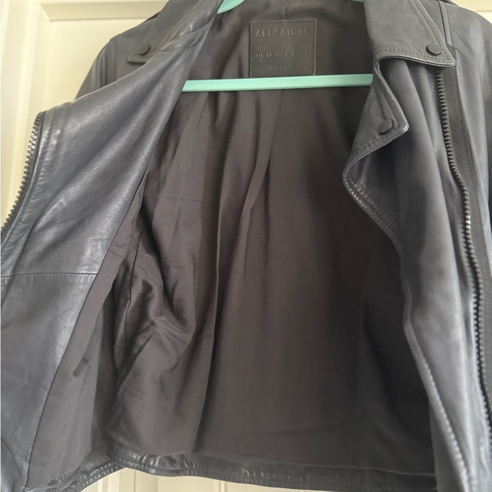 AllSaints Wyatt Biker Leather Jacket in Ink Blue - Picture 8 of 12
